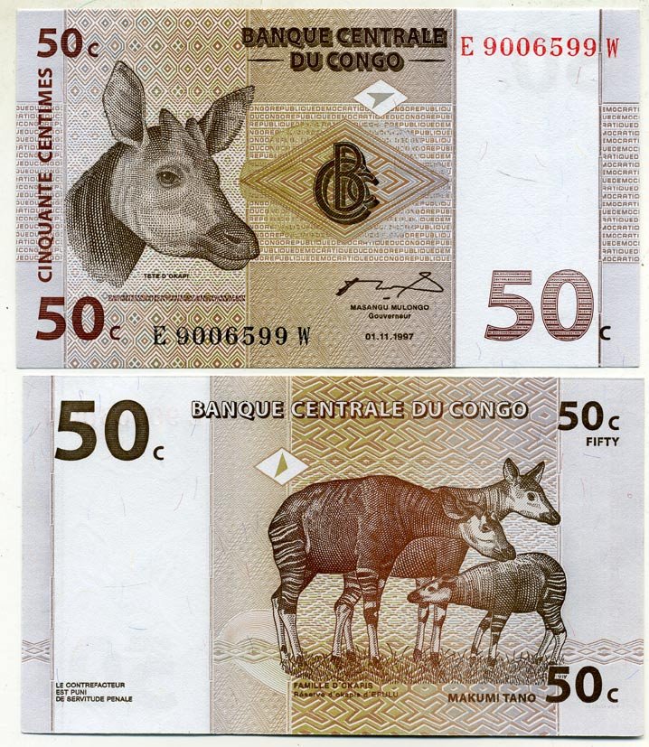 ДР Конго 50 сантимов 1997 окапи, резервация Эпулу Pick 84 a бумага UNC (пресс) 448-65-3