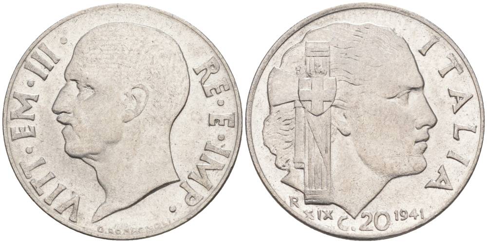 ИТАЛИЯ 20 ЧЕНТЕЗИМО 1941 R, ГОД XIX, ВИКТОР ЭММАНУИЛ III (1900-1946) KM 75b, VEM3. 1028 нержавеющая сталь 3853-1033