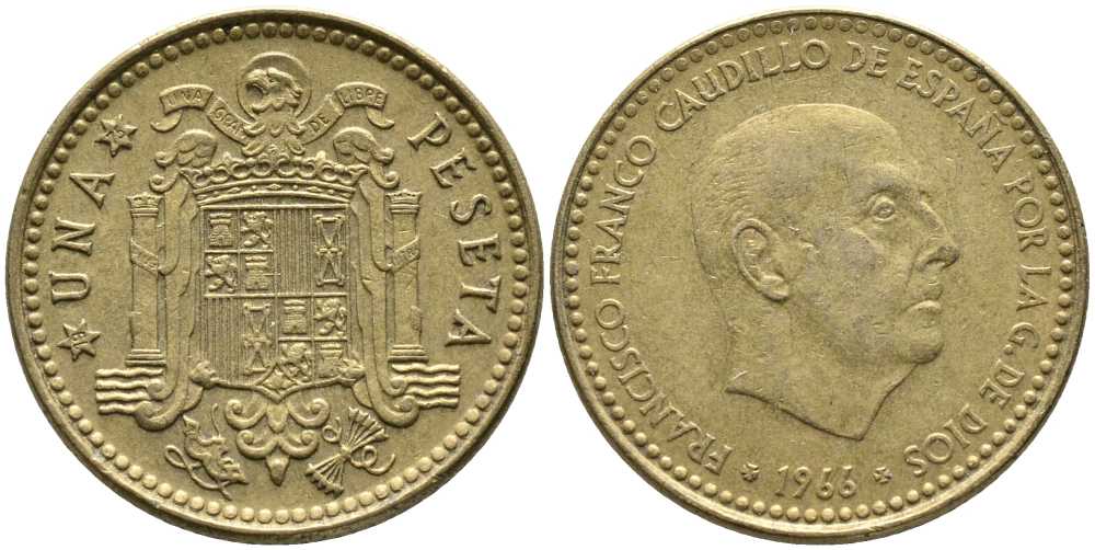 Испания 1 песета 1966 (75) Франциско Франко (1939-1975) КМ 796 алюминиевая бронза 110-1246