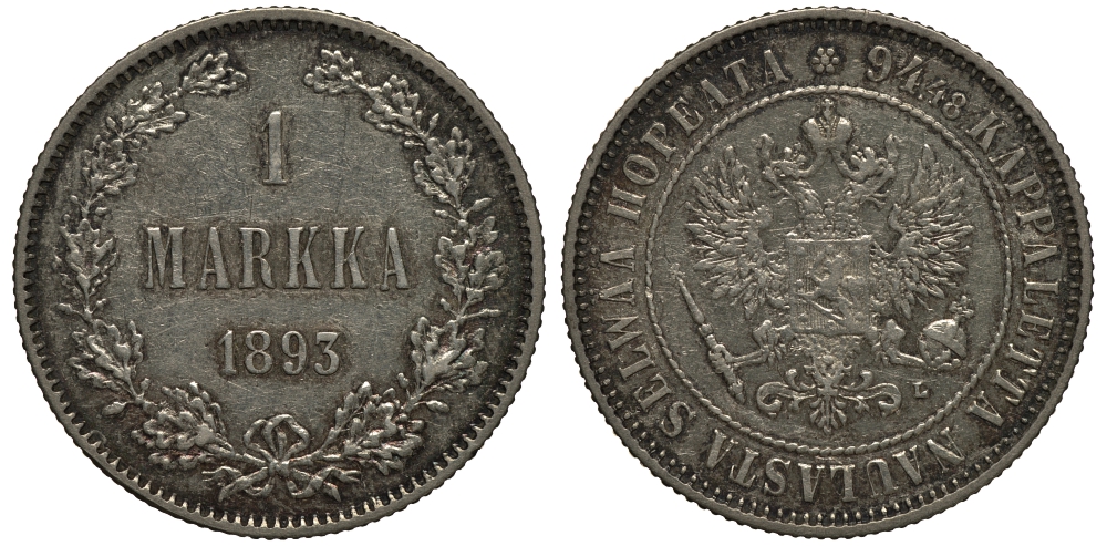 Россия для Финляндии 1 марка 1893 L, Александр III (1881-1894) KM 3.2, Биткин 232 серебро 1522-131