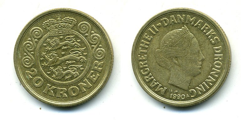 ДАНИЯ 20 КРОН 1990 LG; JP; A, МАРГРЕТЕ II (1972-) KM 871 алюминиевая бронза 25-843