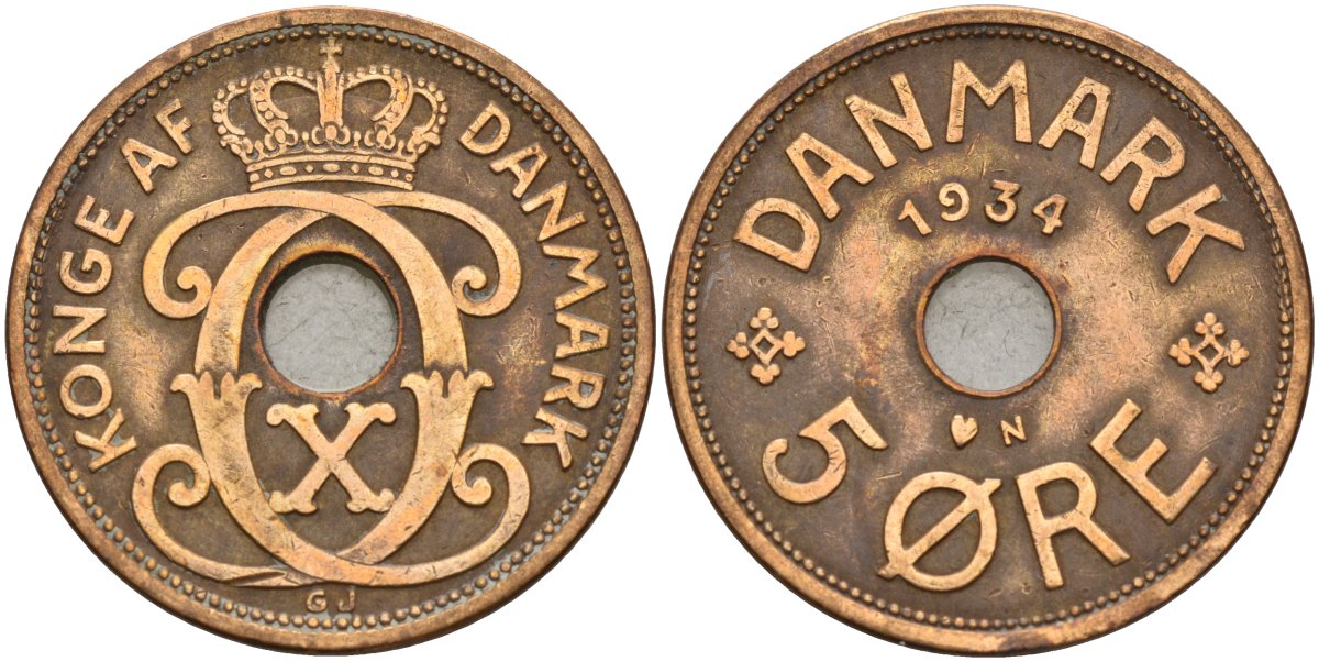 Дания 5 эре 1934 Кристиан X (1912-1947) KM 828 бронза 4148-221