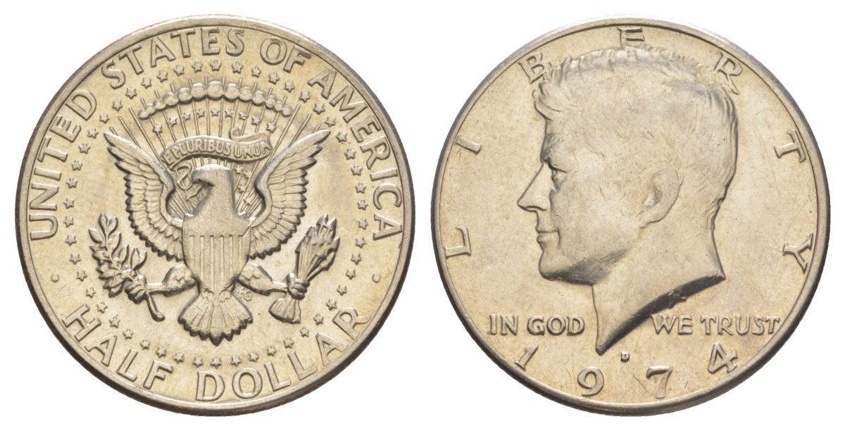 США 1/2 доллара (50 центов) 1974 D, Джон Кеннеди KM 202b медь плакированная медно-никелем aUNC 4120-935