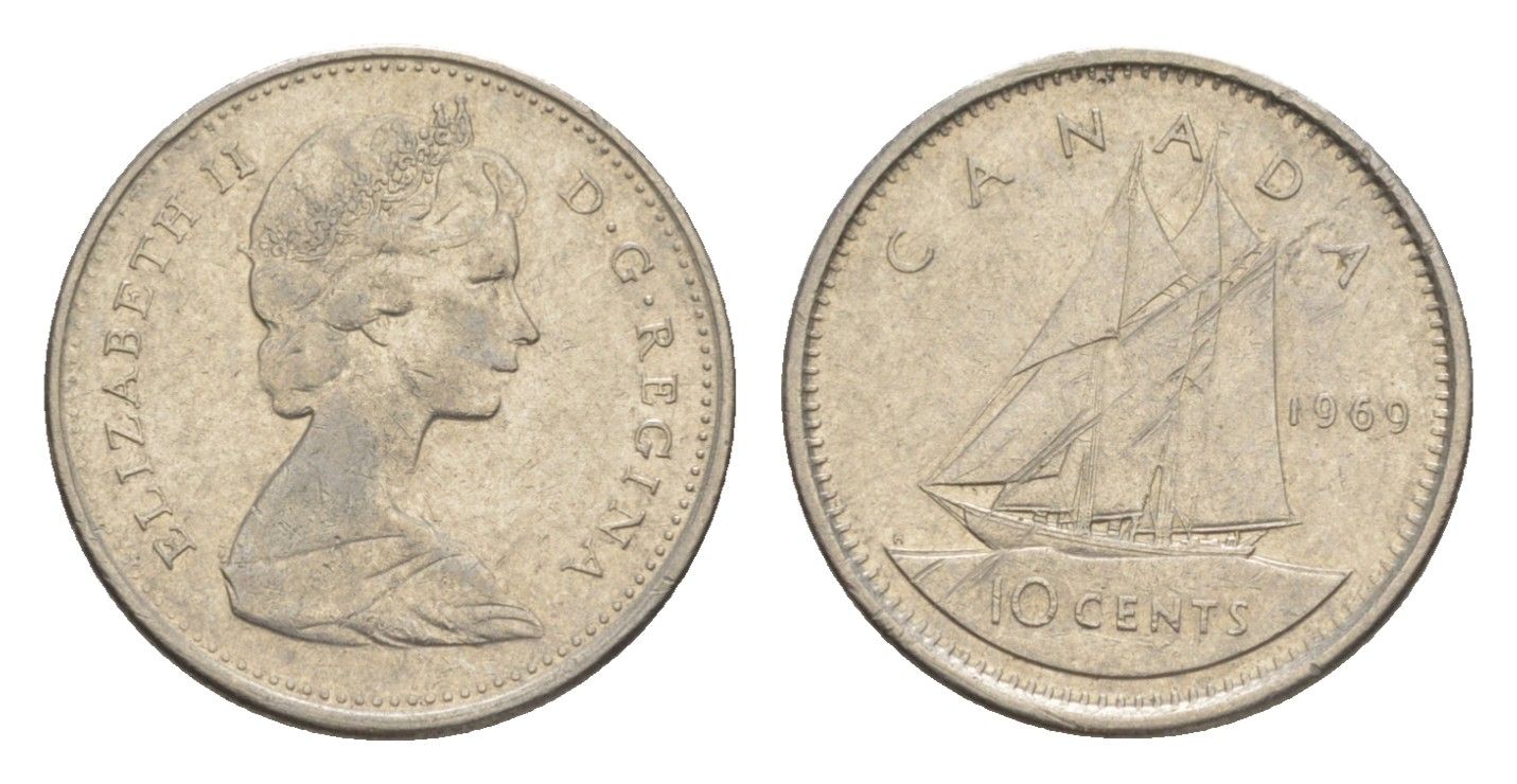 Канада 10 центов 1969 Елизавета II (1952-2022), парусник KM 77 никель 4639-622
