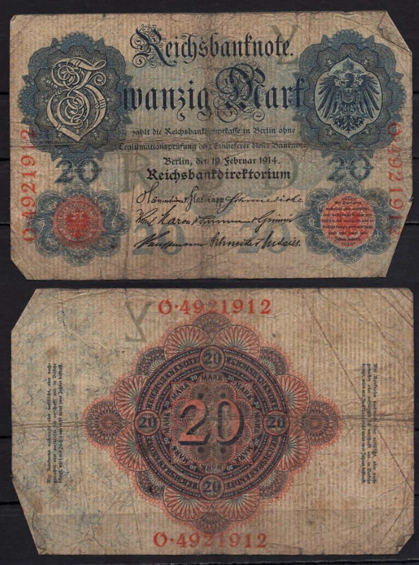Германия 20 марок 1914 Pick 46b бумага 8592-18-4-2