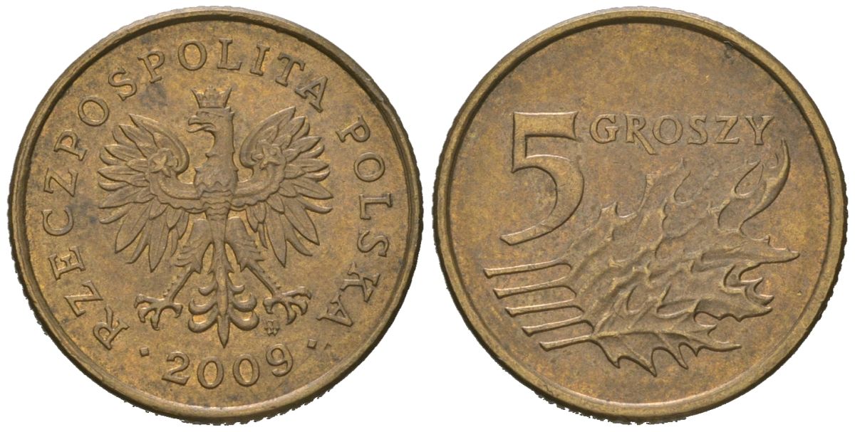 Польша 5 грошей 2009 MW Y 278 марганец латунь aUNC 4618-538