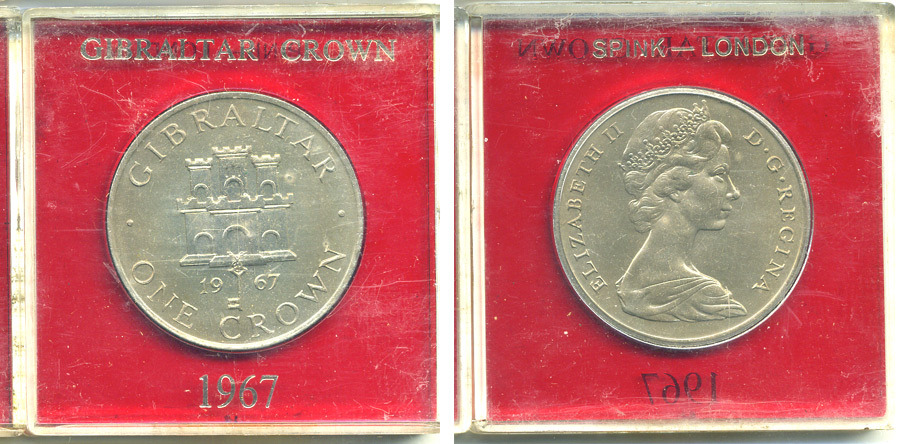 Гибралтар 1 крона 1967 Елизавета II (1952-2022), старый замок, в оригинальной пластиковой коробке, первый год чекана KM 4 медно-никель UNC 6-6-1-12