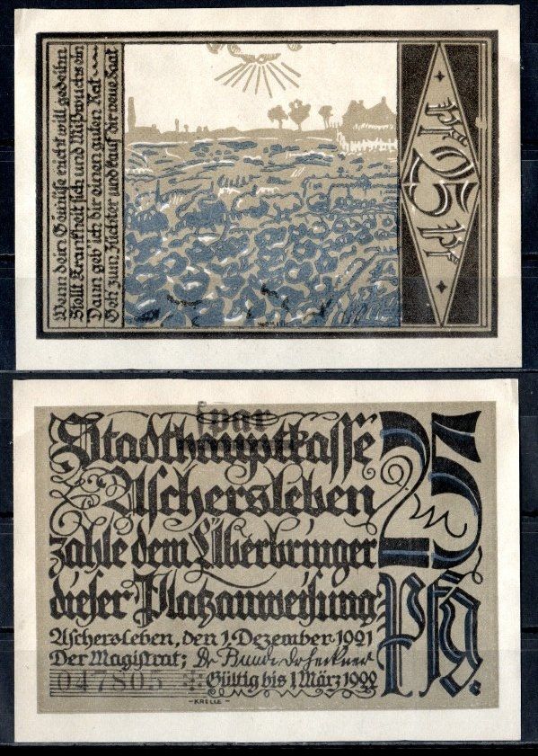 Ашерслебен (Пруссия, Саксония) 25 пфеннигов 1921 Mehl Grabowski 50.7-2.2/5 бумага UNC (пресс) 7556-42-4-1