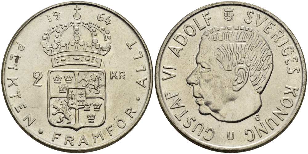 Швеция 2 кроны 1964 U, Густав VI Адольф (1950-1973) KM 827 серебро UNC 4517-541