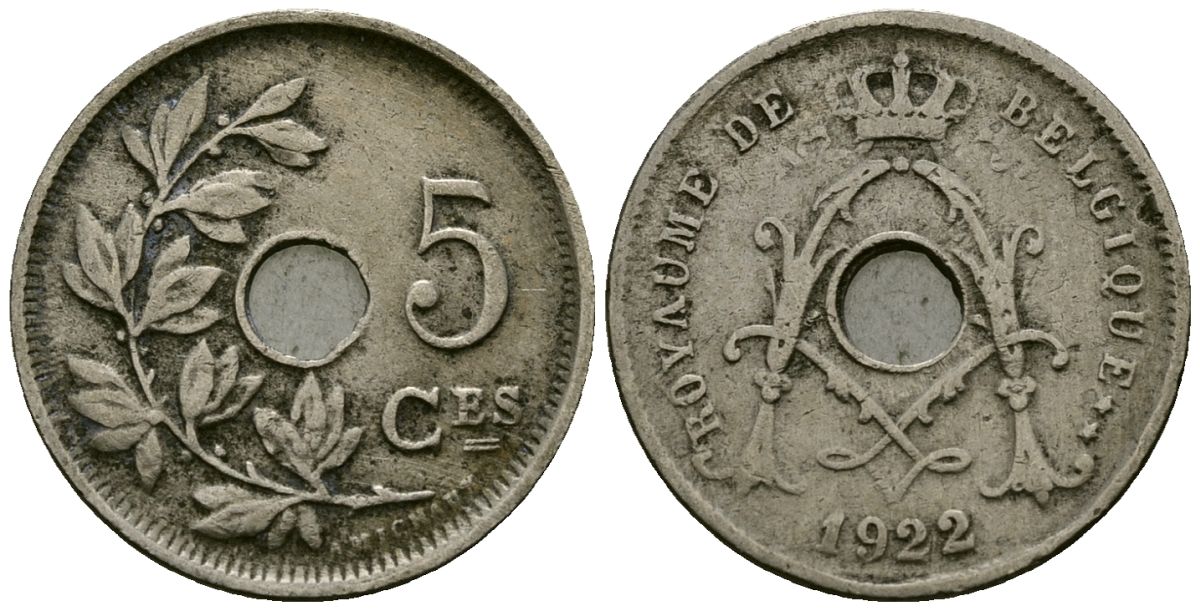 Бельгия 5 сантимов 1922 Belgique KM 66 медно-никель 4173-515