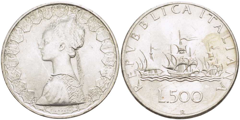 Италия 500 лир 1958 R, корабли Колумба KM 98 серебро 32-635