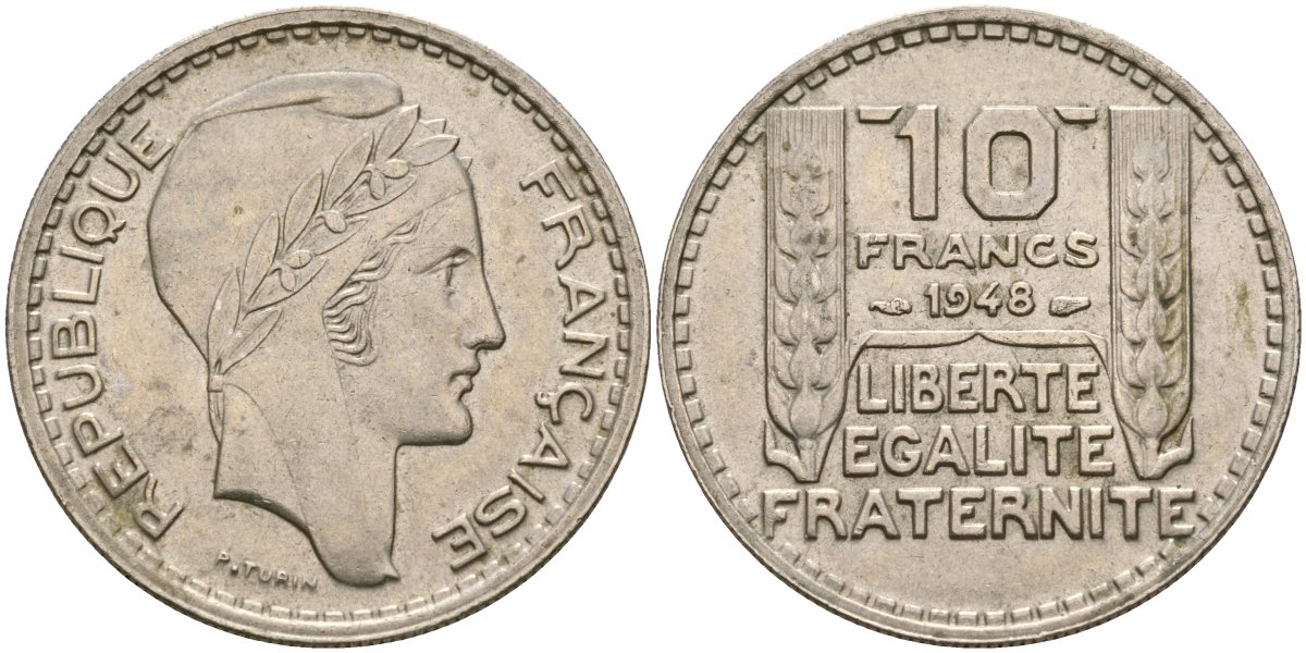 Франция 10 франков 1948 тип Пьер Турин KM 909.1, Le Franc 362.3 медно-никель 4137-625