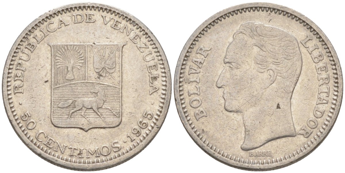 Венесуэла 50 сентимо 1965 Симон Боливар KM 41, Schon 51 никель 186-822