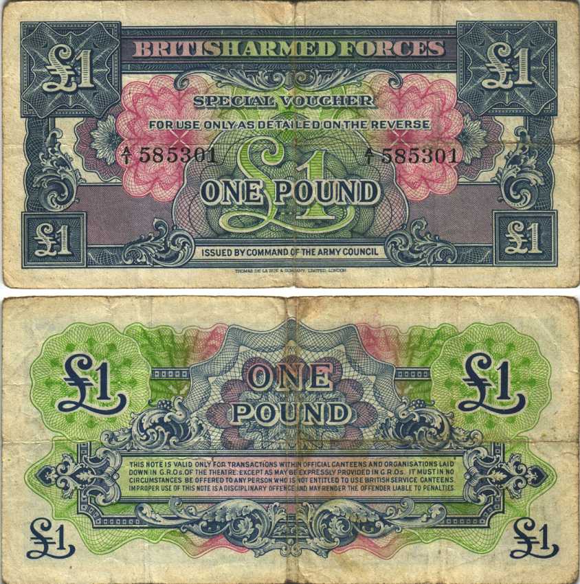 АНГЛИЯ 1 ФУНТ 1946 ПЕРВАЯ СЕРИЯ, ДЛЯ ВООРУЖЕННЫХ СИЛ, СПЕЦИАЛЬНЫЙ ВАУЧЕР Pick M15a бумага F-VF 7218-24-3