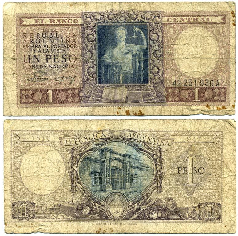 АРГЕНТИНА 1 ПЕСО 1952 СЕРИЯ А, НОМЕР 42251 Pick 260a бумага 7485-20-3