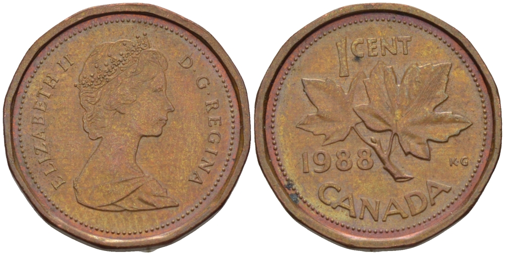 КАНАДА 1 ЦЕНТ 1988 КЛЕНОВЫЙ ЛИСТ, ЕЛИЗАВЕТА II KM 132 бронза 54-459