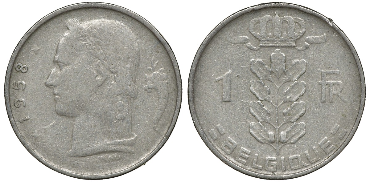 БЕЛЬГИЯ 1 ФРАНК 1958 BELGIQUE KM 142.1 медно-никель 72-1656