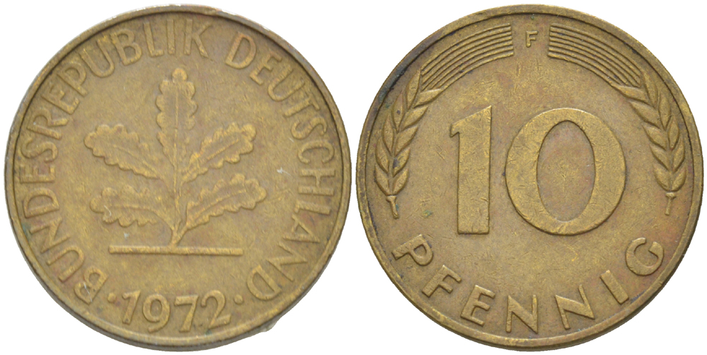 ФРГ 10 ПФЕННИГОВ 1972 F KM 108, J. 383 сталь плакированная латунью 4182-826