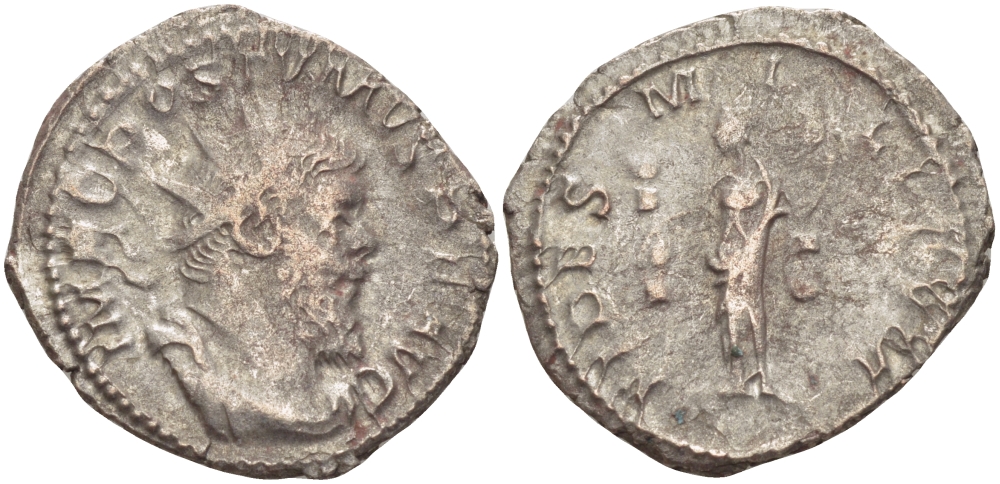 Римская Империя (императоры в Галлии) антониниан 260 - 269 Постум. IMP C POSTVMVS P F AVG / FIDES MILITVM, Фидея, персонификация Верности, с боевыми штандартами, Колония Агриппины, Very fine RIC 59 биллон 1073-12-57