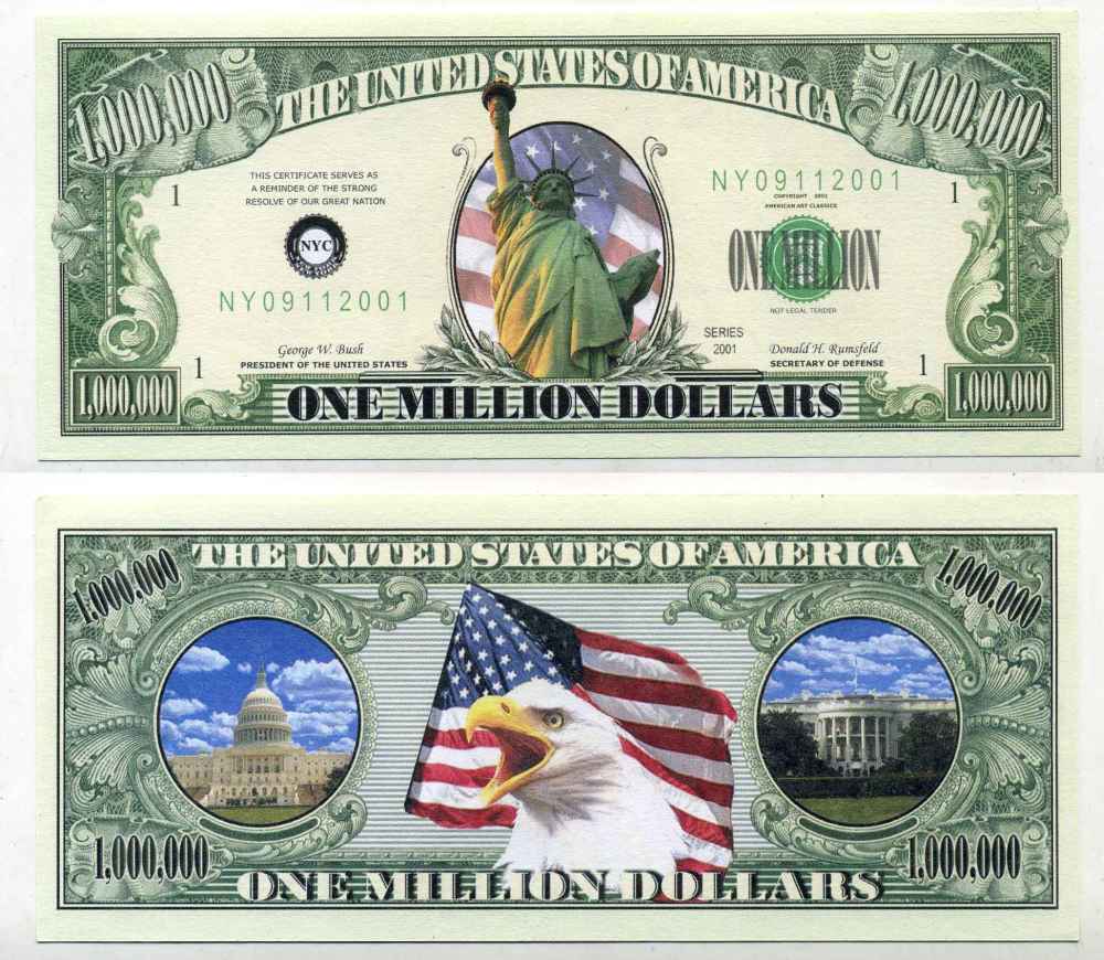 США 1000000 ДОЛЛАРОВ 2001 СУВЕНИРНАЯ БАНКНОТА, БЕЛЫЙ ДОМ И КАПИТОЛИЙ бумага UNC (ПРЕСС) 8588-68-4-1