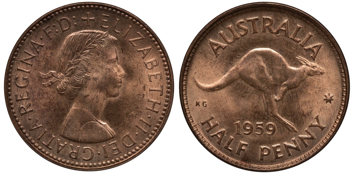 Австралия 1/2 пенни 1959 Елизавета II (1952-), Кенгуру KM 61 бронза UNC 60-833