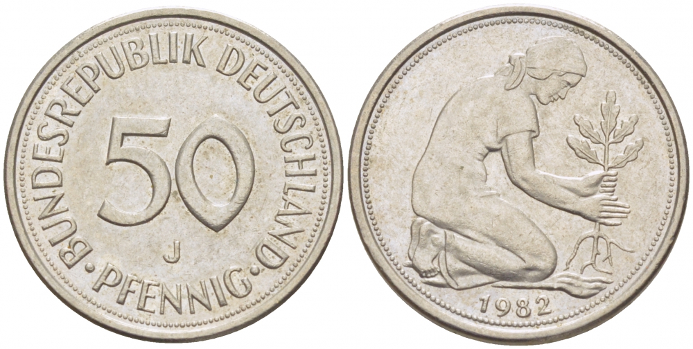 ФРГ 50 ПФЕННИГОВ 1982 J KM 109.2 медно-никель 4392-941