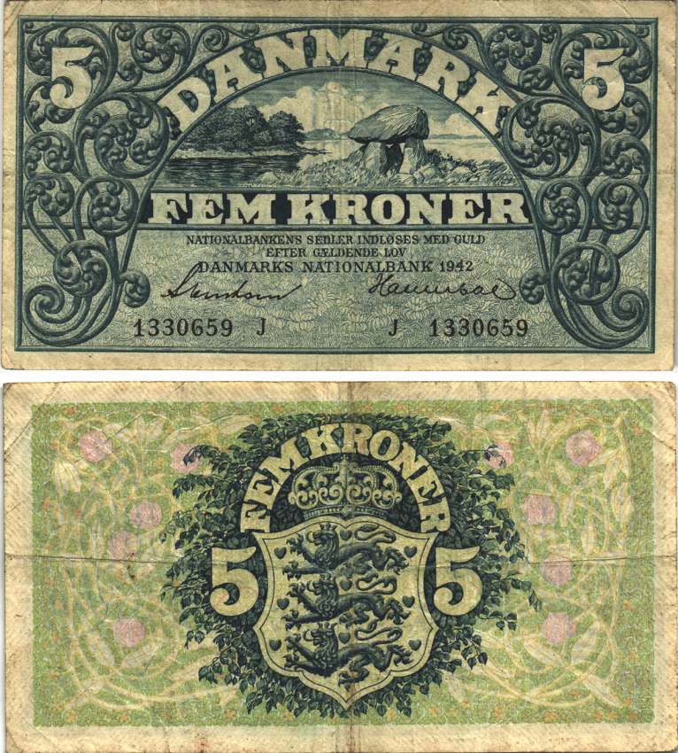 Дания 5 крон 1942 СЕРИЯ J Pick 30h бумага 8589-7-3-2