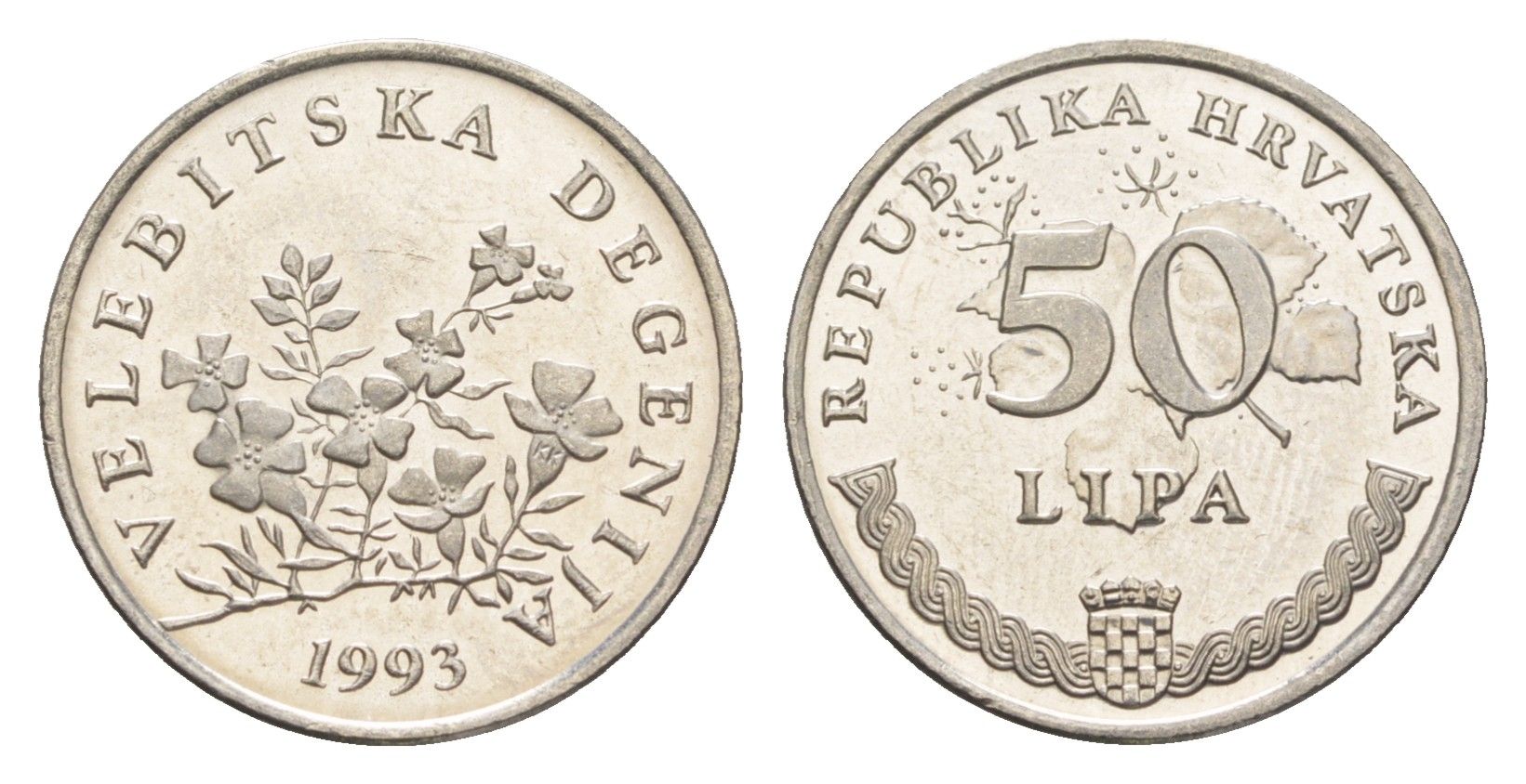 Хорватия 50 лип 1993 цветы Дегения велебитская, легенда на хорватском KM 8 сталь плакированная никелем UNC 4651-548