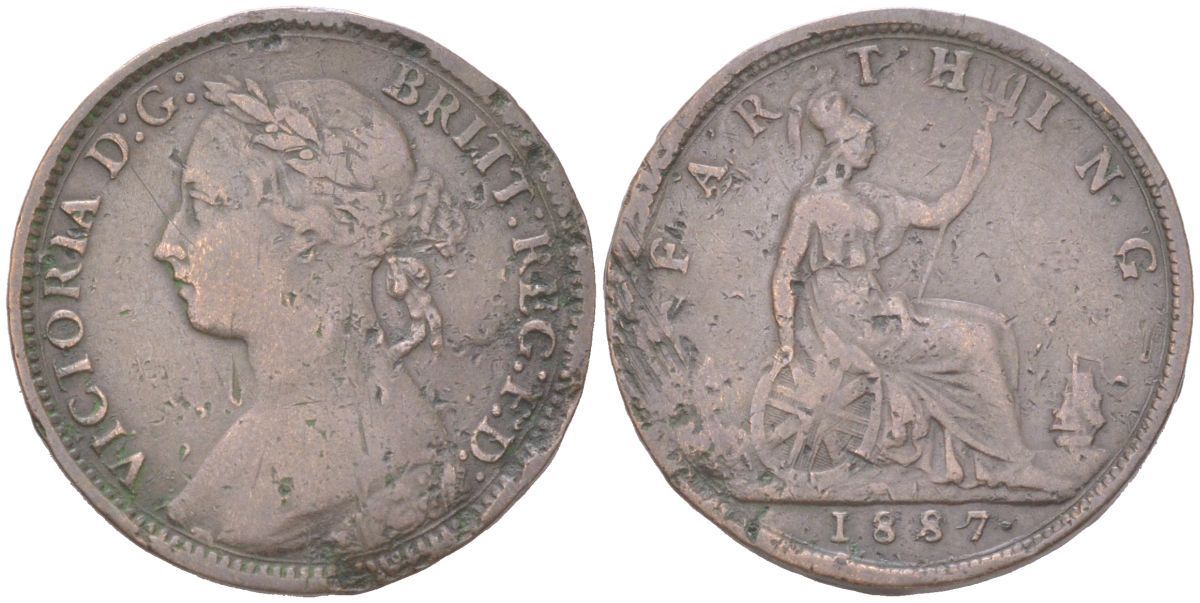 Великобритания 1 фартинг 1887 Виктория (1837-1901) KM 753, Spink 3958 бронза 4613-435