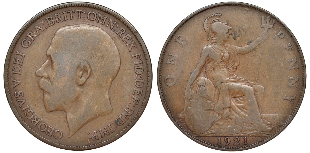 Великобритания 1 пенни 1921 Георг V (1910-1936) KM 810, Spink 4051 бронза 51-2315