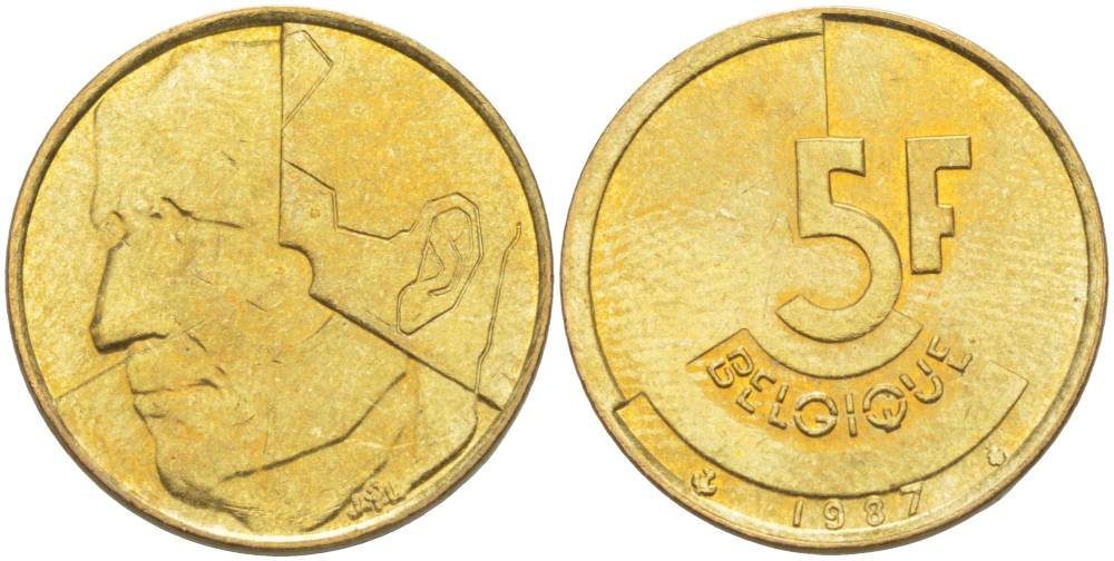 БЕЛЬГИЯ 5 ФРАНКОВ 1987 BELGIQUE, БОДУЭН I (1951-1993) KM 163 латунь или алюминиевая бронза 4546-253