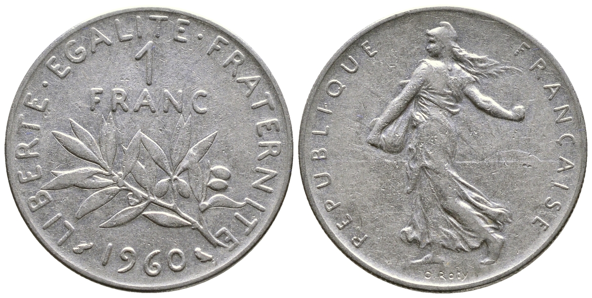 ФРАНЦИЯ 1 ФРАНК 1960 СЕЯТЕЛЬ KM 925.1, LE FRANC 226.4 никель 4385-1012