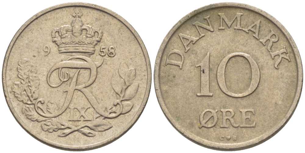 ДАНИЯ 10 ЭРЕ 1958 C; S, ФРЕДЕРИК IX (1947-1972) KM 841.2 медно-никель 4387-815
