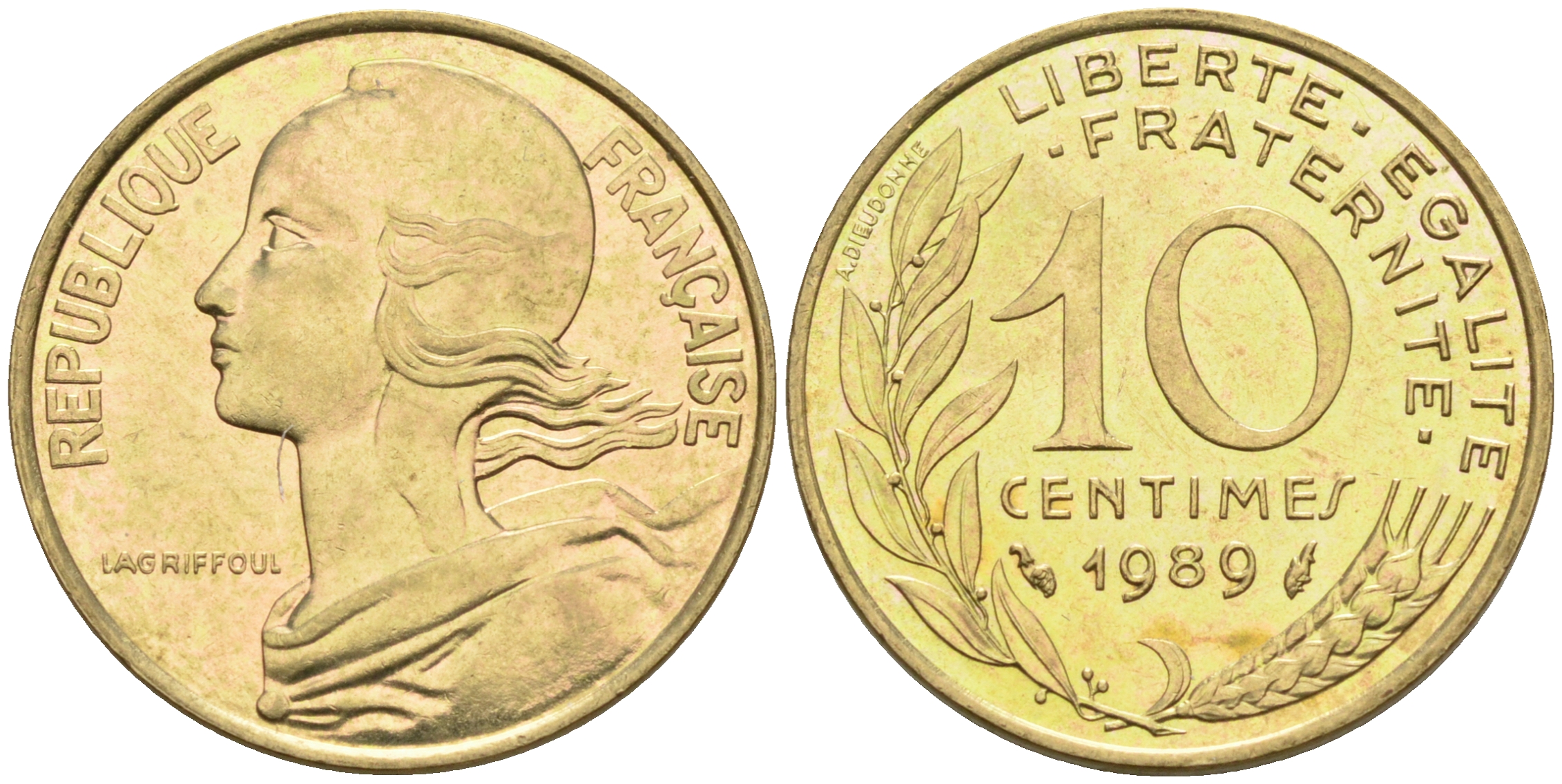 Франция 10 сантимов 1989 тип Marianne KM 929, le Franc 144.29 алюминиевая бронза 4594-1223