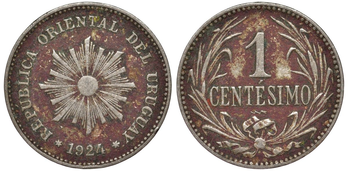 Уругвай 1 сентесимо 1924 KM 19 медно-никель 4169-627