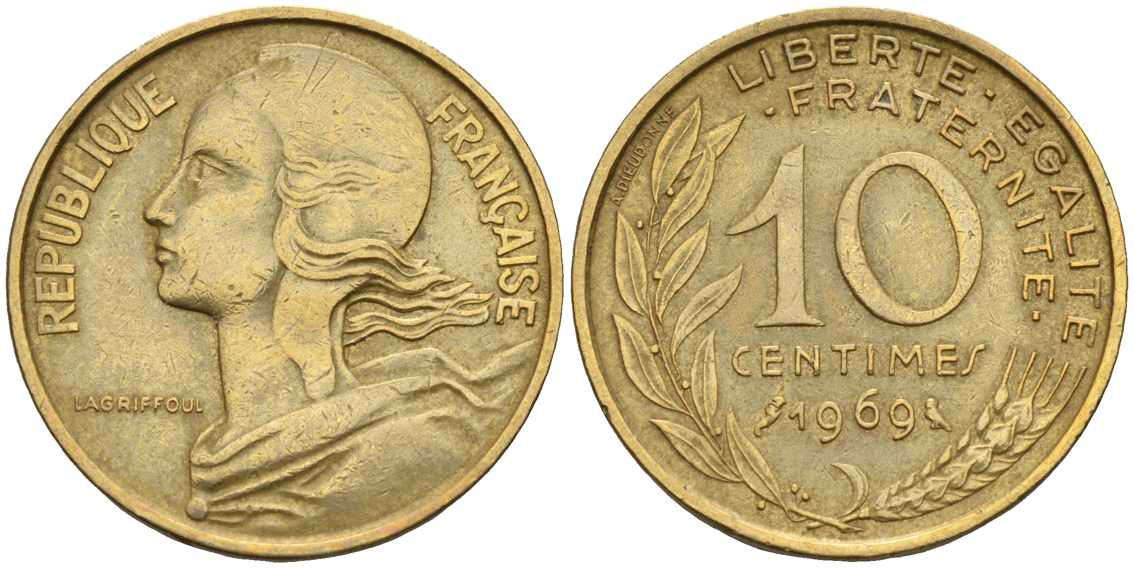 Франция 10 сантимов 1969 тип Марианна KM 929 медь алюминий никель    4152-1232