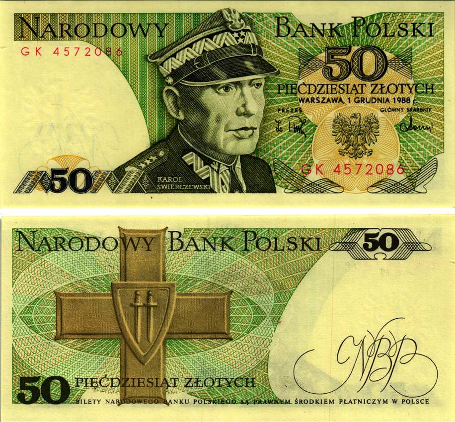 Польша 50 злотых 1988 Кароль Сверчевский, знак Грюнвальдского ордена Pick 142 c бумага UNC (пресс) 8607-84-3-2