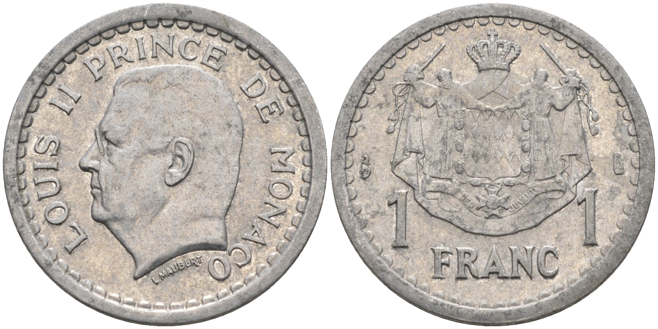 Монако 1 франк 1943 Луи II (1922-1949) KM 120 алюминий    4177-327