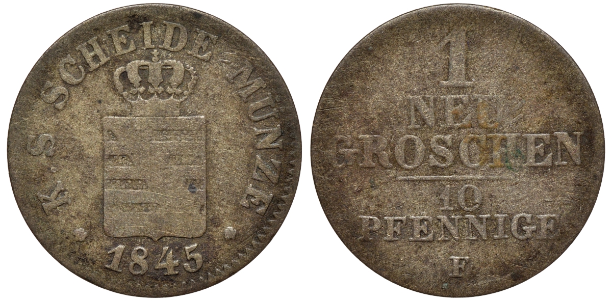 Саксония 1 новый грош - 10 пфеннигов 1845 Фридрих Август II (1797-1854) KM 1159, J. 82 серебро 75-125