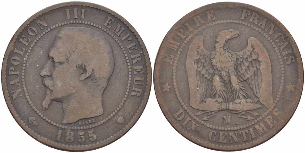 ФРАНЦИЯ 10 САНТИМОВ 1855 MA, НАПОЛЕОН III (1852-1870) KM 771.6, LE FRANC 133.29 бронза 38-1032