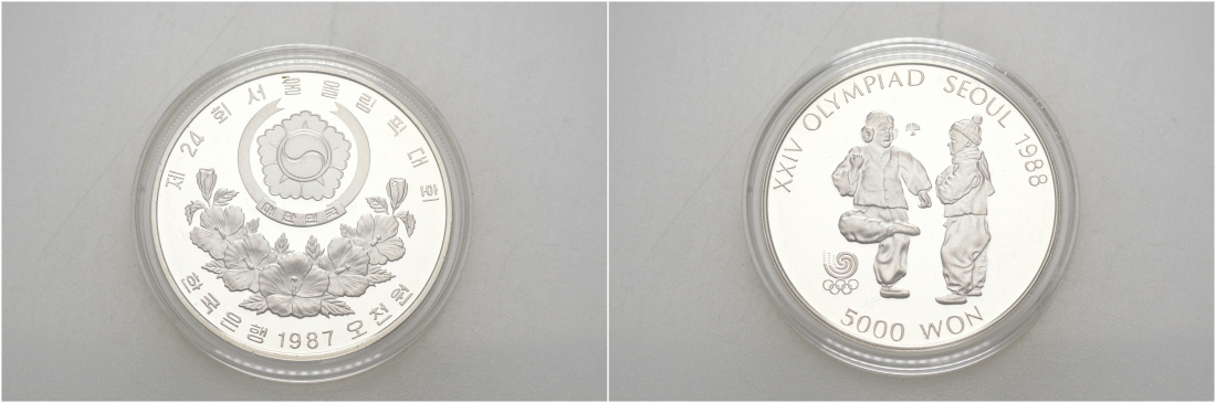 Южная Корея 5000 вон 1987 XXIV Летние Олимпийские игры в Сеуле 1988 года, национальный спорт Chegi Kicking KM 61 серебро PROOF 1087-9-35