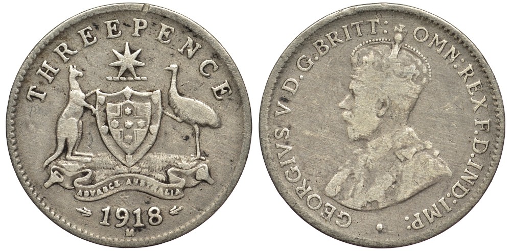 Австралия 3 пенса 1918 М, Георг V (1910-1936) KM 24 серебро 4528-353