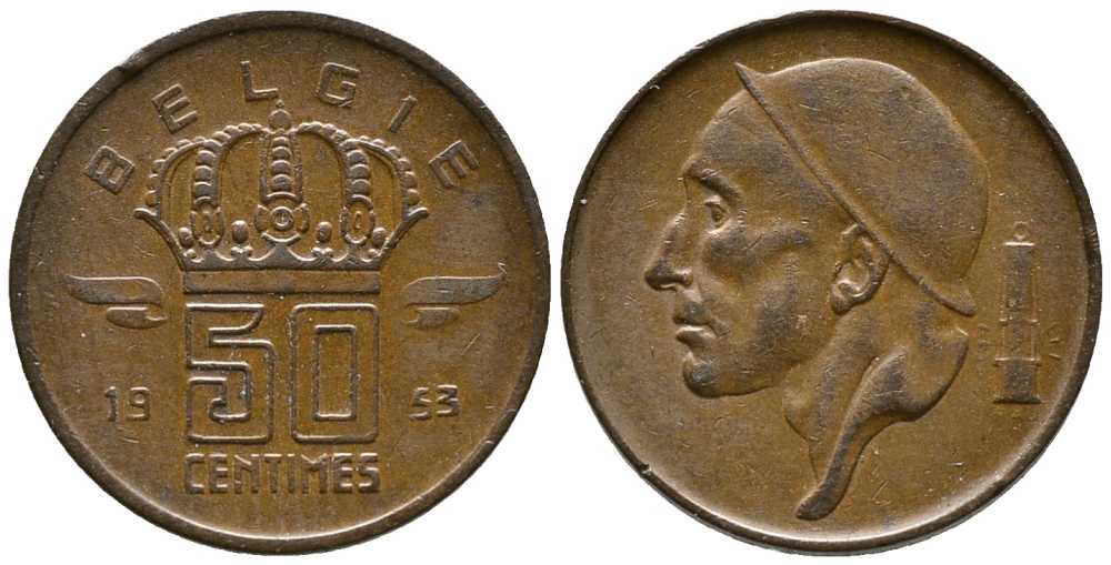 БЕЛЬГИЯ 50 САНТИМОВ 1953 BELGIE KM 145 бронза 39-1248