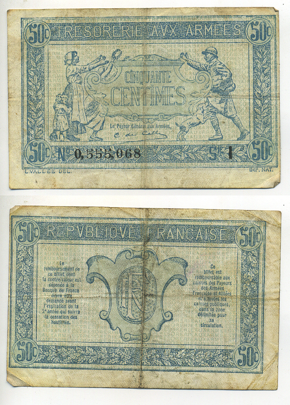 ФРАНЦИЯ 50 САНТИМОВ 1917 СЕРИЯ I, ВЫПУСК ДЛЯ ВОЕННОГО КАЗНАЧЕЙСТВА, ПЕРВАЯ МИРОВАЯ ВОЙНА Pick M1 бумага 7552-28-2-2