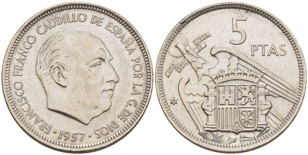 Испания 5 песет 1957 (75) Франциско Франко (1939-1975) KM 786 медно-никель 4402-1232