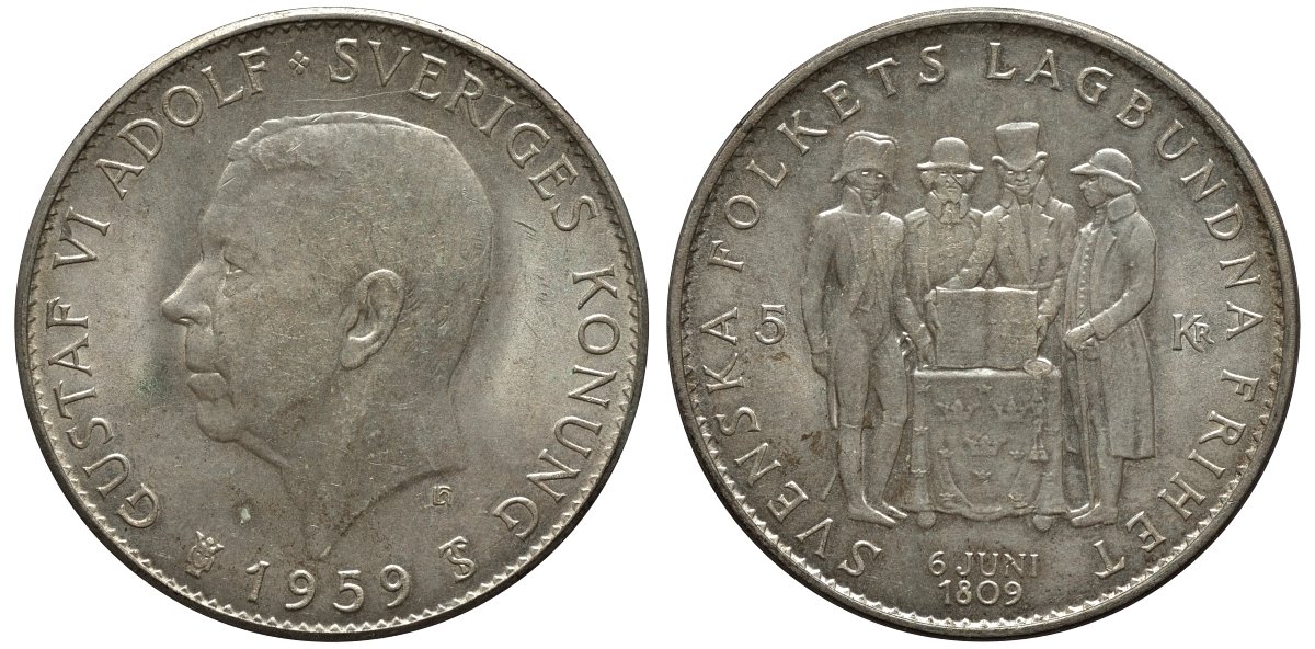 Швеция 5 крон 1959 TS, Густав VI Адольф (1950-1973), 150 лет акта о Правительстве 1809 года KM 830 серебро UNC 35-221
