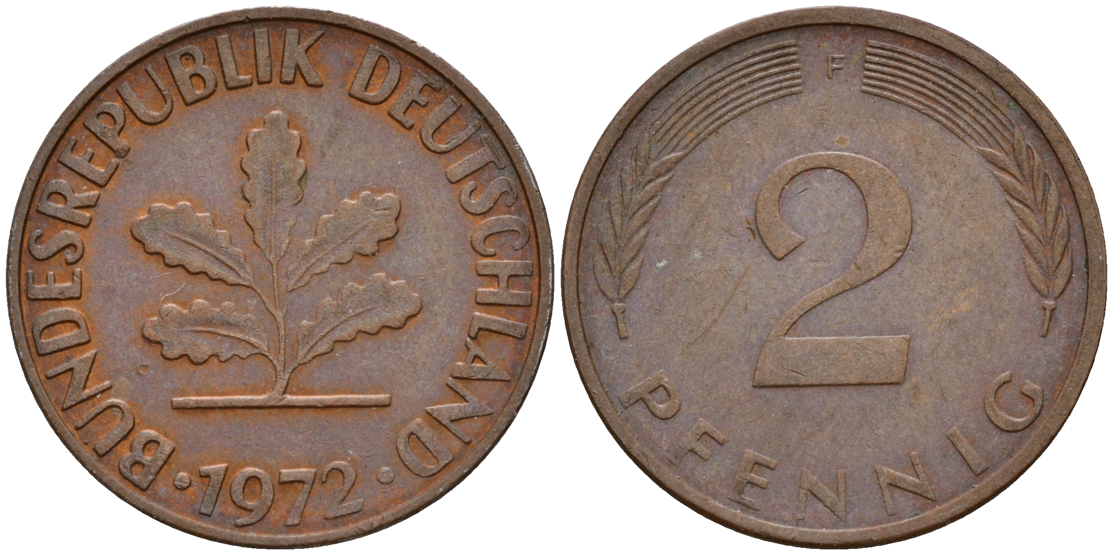 ФРГ 2 пфеннига 1972 F J.381a, KM 106a сталь плакированная медью    4598-769