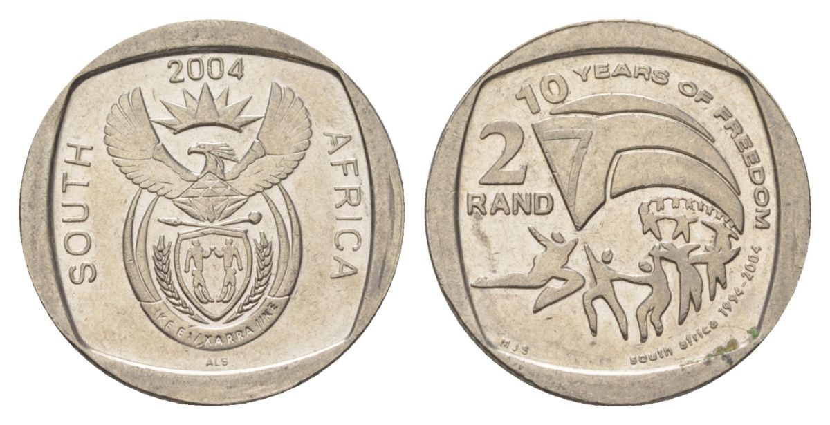 ЮАР 2 ранда 2004 10 лет первым всеобщим выборам KM 334 медь плакированная никелем UNC 4628-127