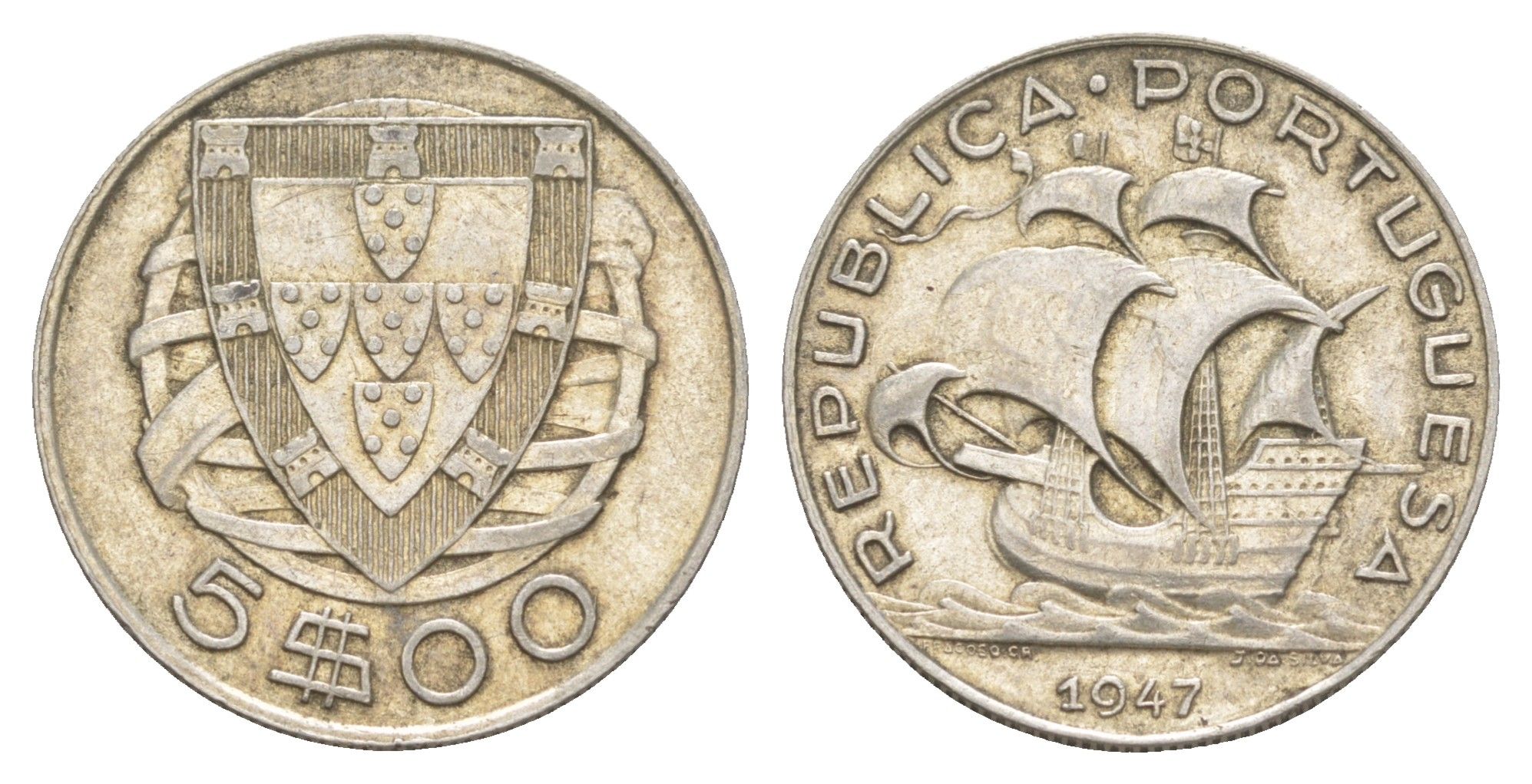 Португалия 5 эскудо 1947 KM 581 серебро 4652-131