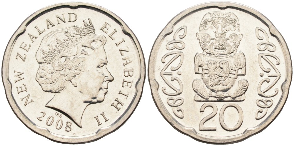 Новая Зеландия 20 центов 2008 Елизавета II (1952-2022), идол Пукаки KM 118а никелированная сталь 4579-1212